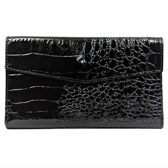 Belle Rose Formal Wallet Patent Leather Crocodile Embossed Shiny Black Retro - Picture 9 of 9